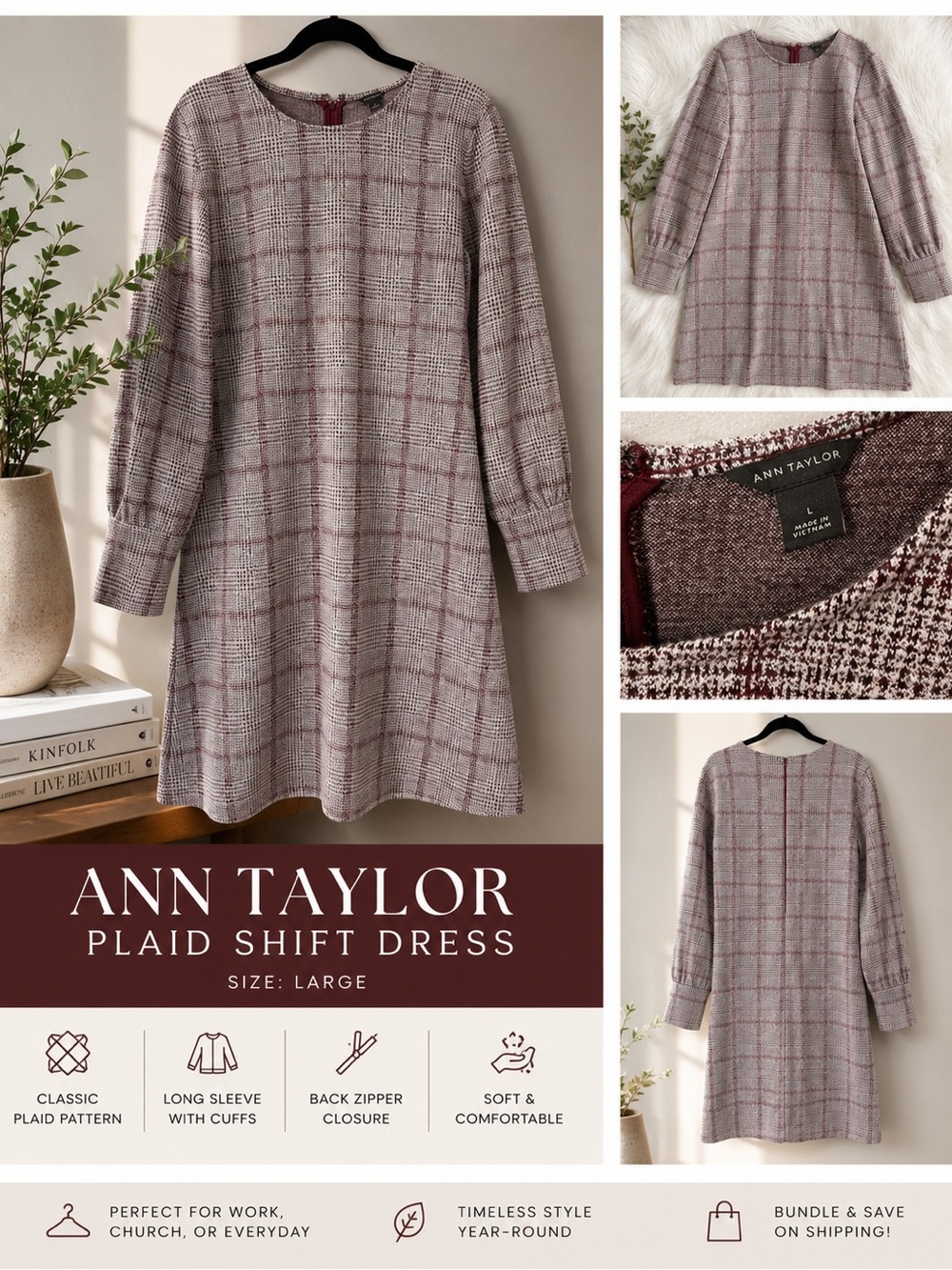 Ann Taylor Burgundy & Cream Plaid Long-Sleeve Shift Dress